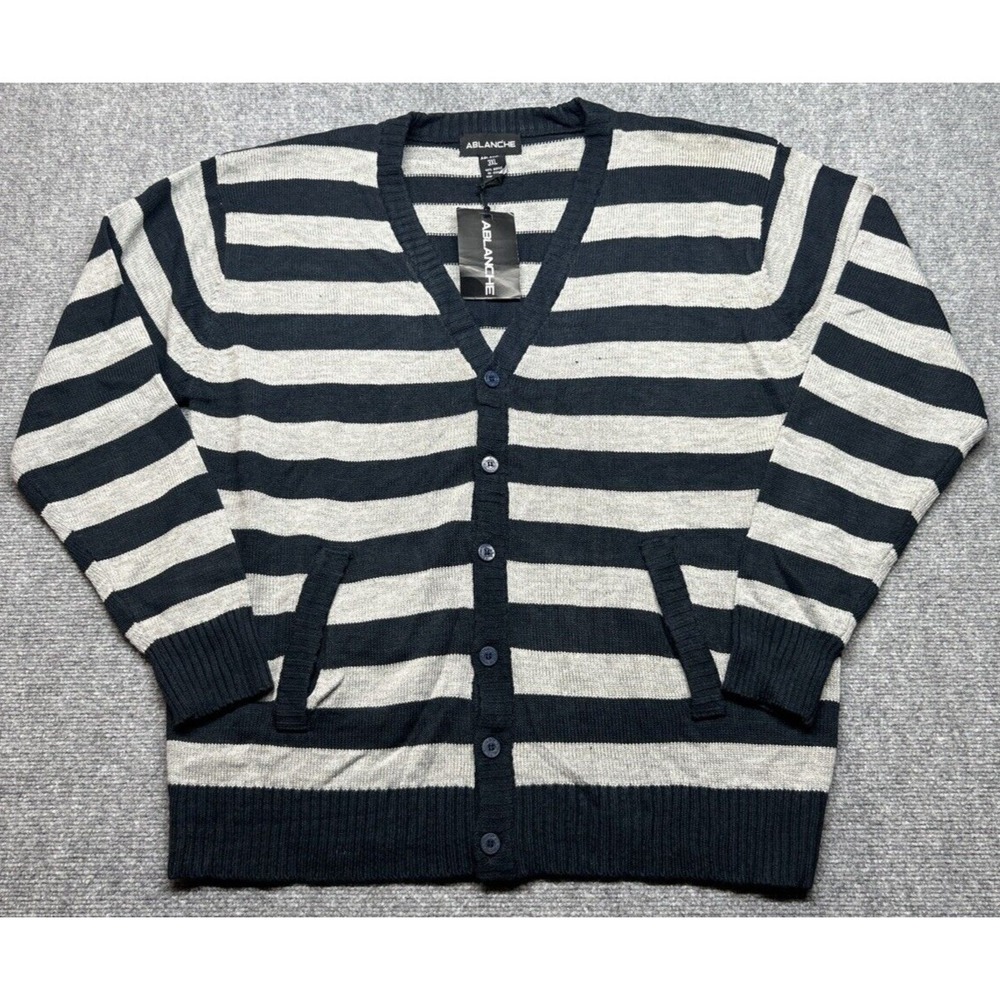 Ablanche Cardigan Sweater Mens 3XL Navy Gray V-Neck Long Sleeve Preppy Y2K New